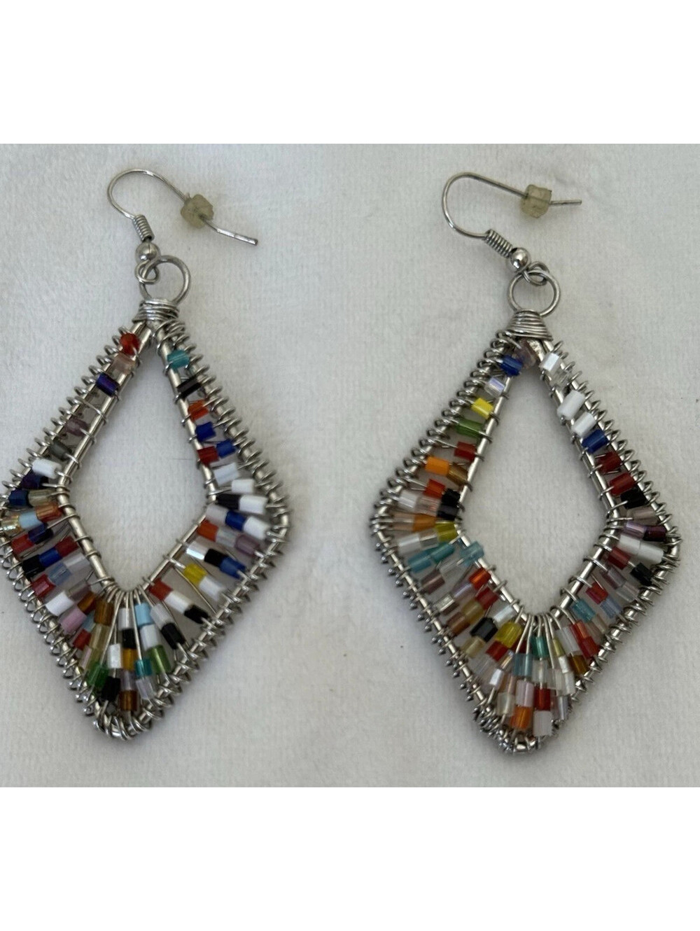 Silver Tone Fashion Earrings Beaded Wire Dangle Hook Multi-Color Beads